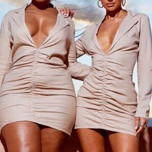 PrettyLittleThing Beige Ruched Mini Dress